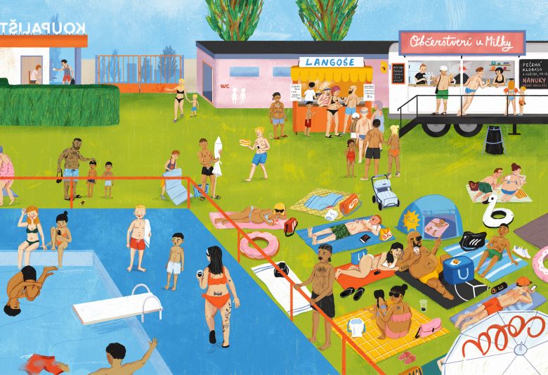 Kúpalisko - ilustrácia z knihy Jekh, Duj, Trin! - Kher, 2024